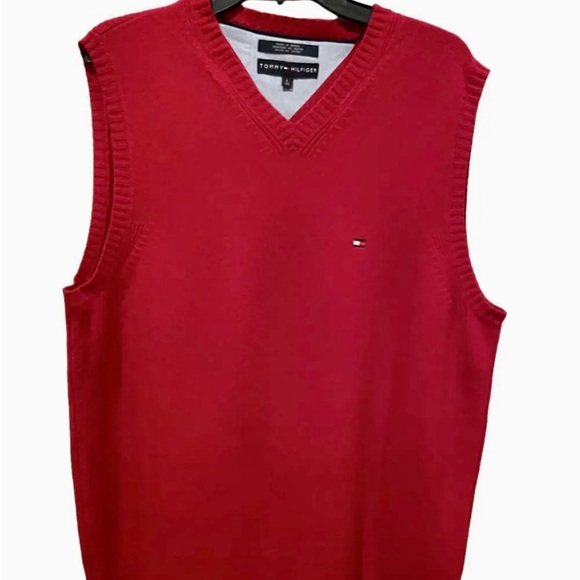 Vintage Tommy Hilfiger Vest Mens Size Large Red Lambs Wool - Picture 1 of 6